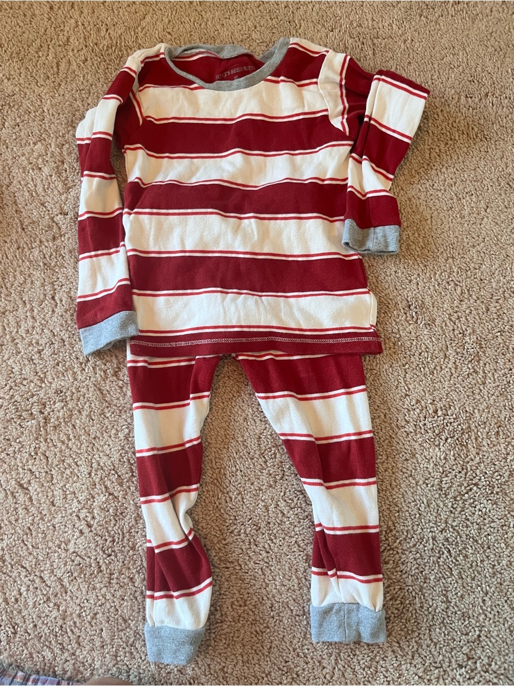 Burt's Bees Red and White Striped Kids Pajama Set with Gray Trim